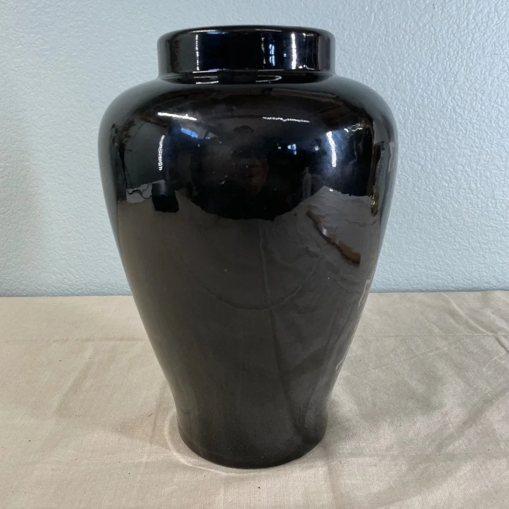 Vintage Large Black Floral Ceramic Vase Chinoiserie Lily Gold Detail Asian Decor